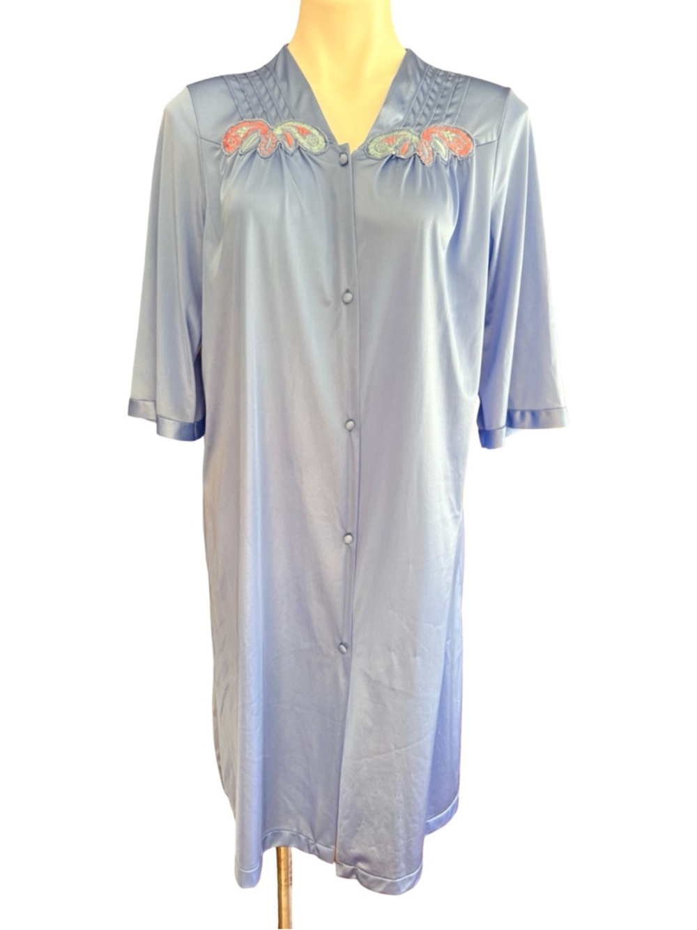 Vanity Fair Light Blue Satin Robe with Coral Embroidery